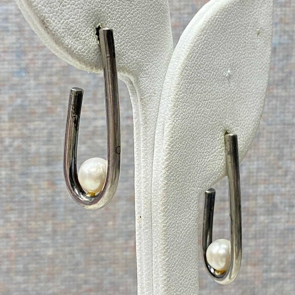 Vintage Sterling Silver Pearl Drop Dainty Hoop Earrings Minimalist Artisan